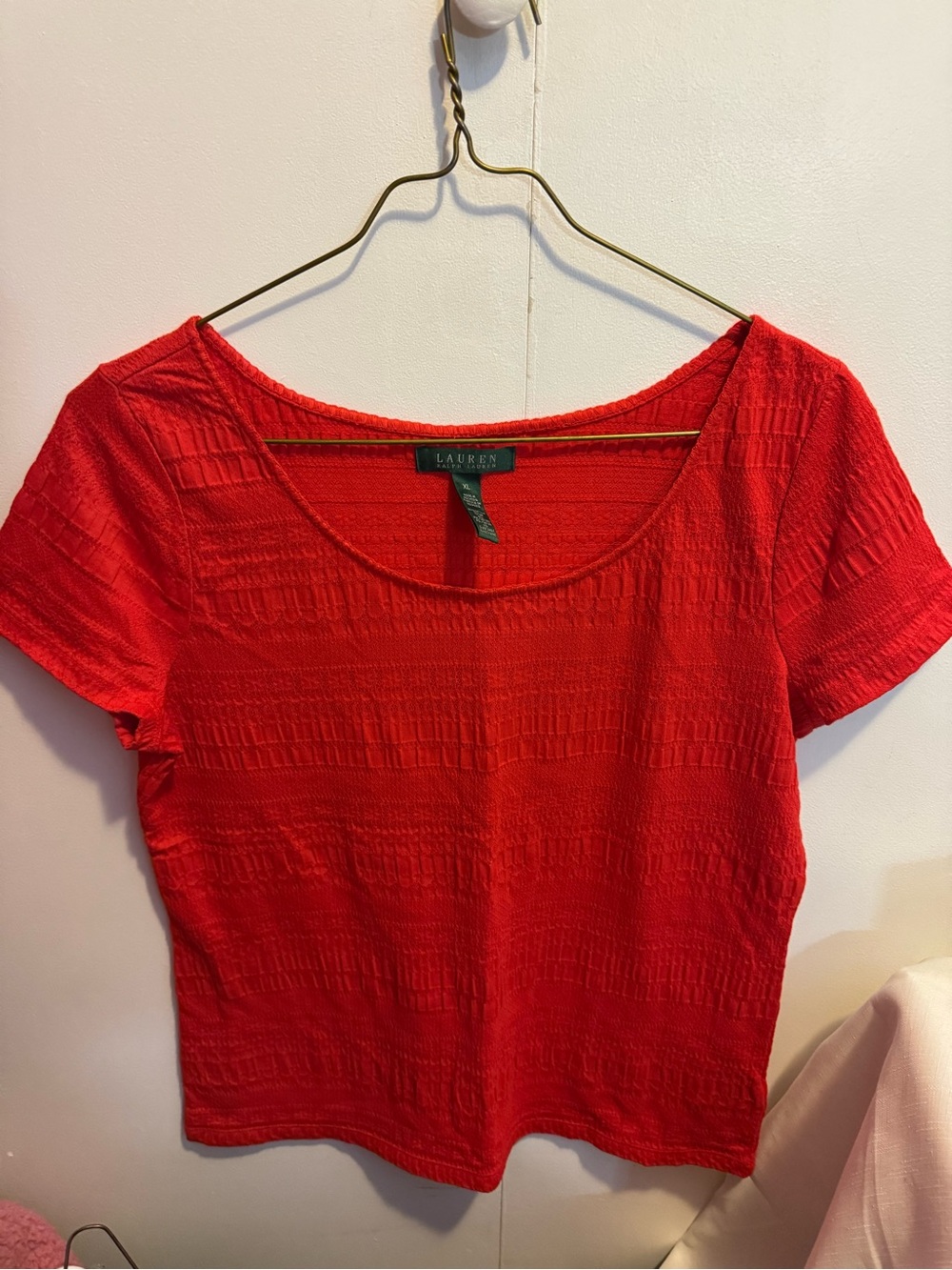 Ralph Lauren Red Textured Scoop Neck Short Sleeve Top